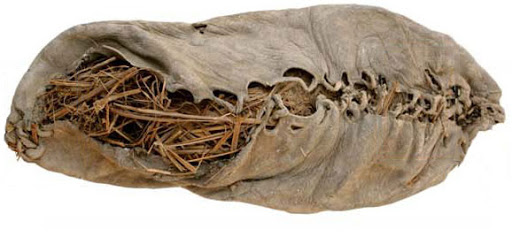 A single piece leather shoe laced along the top and stuffed with hay.